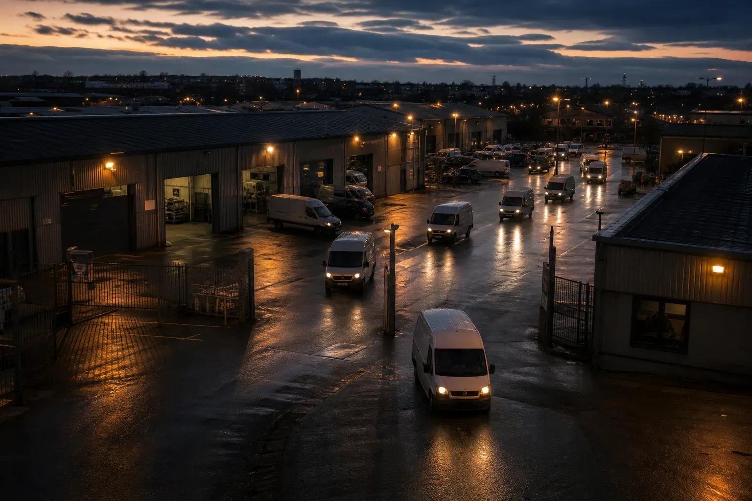 Service vans leaving a depot at dusk