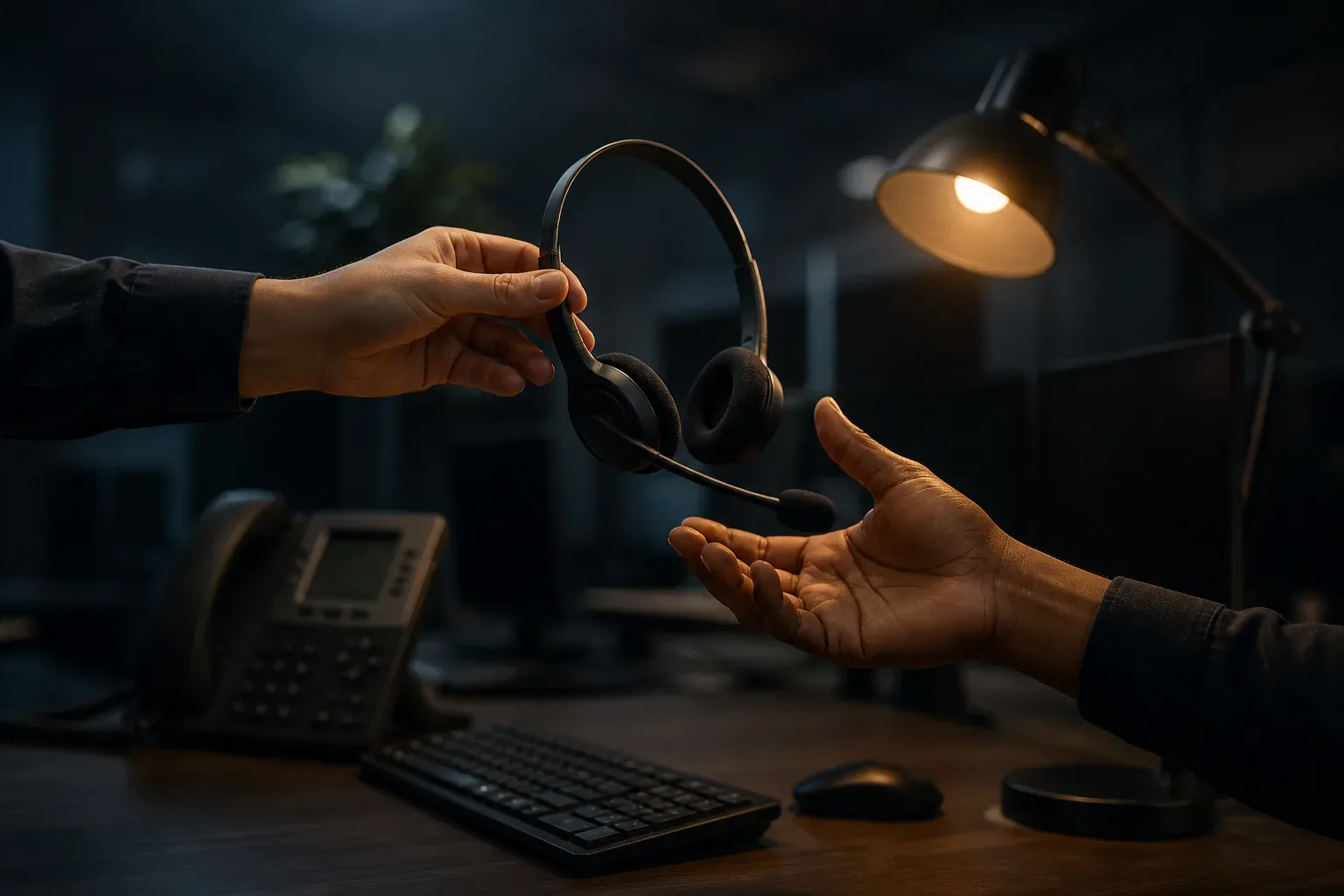 A headset being handed from one person to another