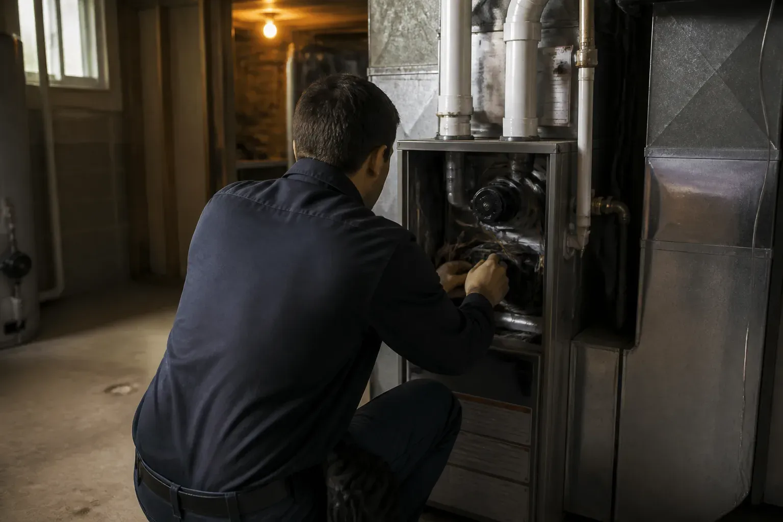 A technician working at a homeowner's furnace in late afternoon light