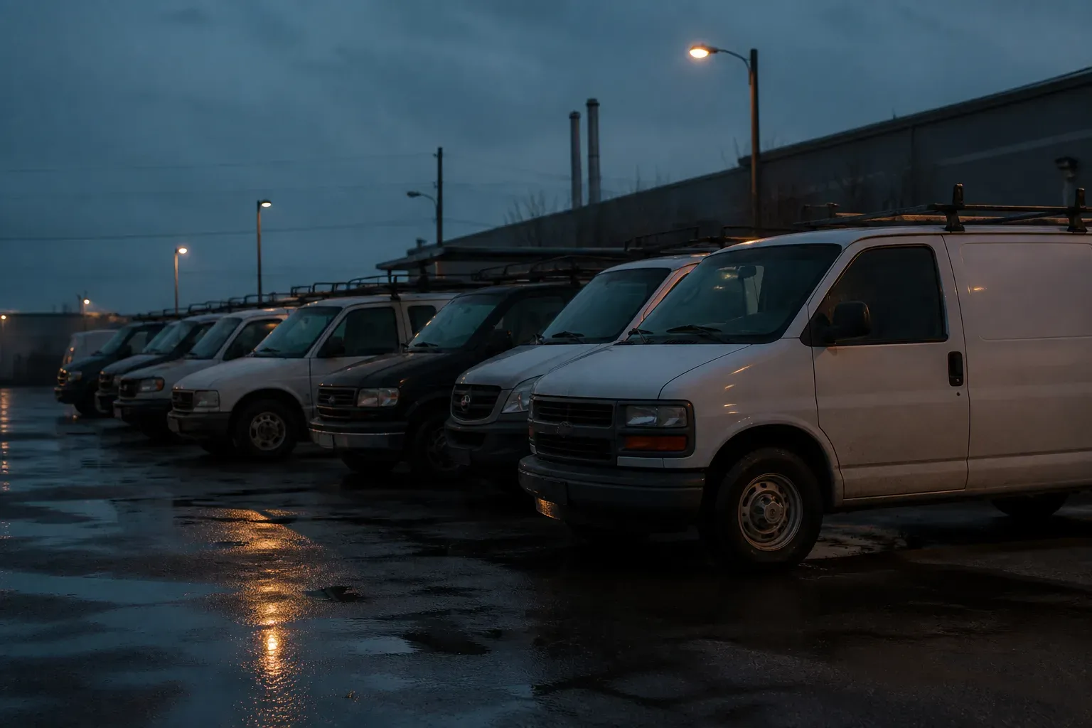 A row of service vans parked in a lot at dusk