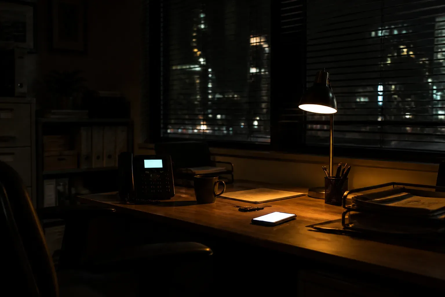 An empty office at night with a phone glowing on the desk