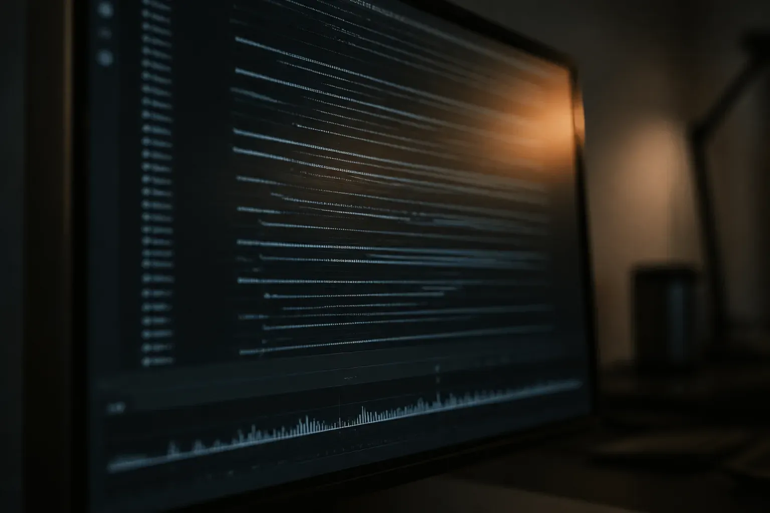A dark monitor showing abstract log lines and a timeline