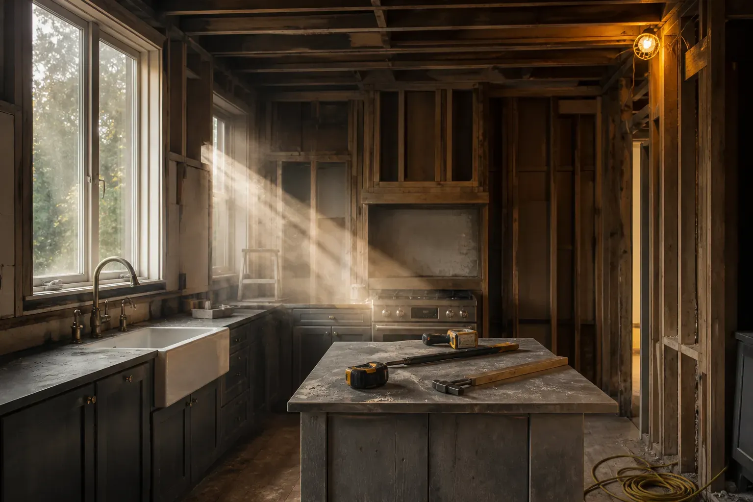 A kitchen mid-renovation with tools on the island