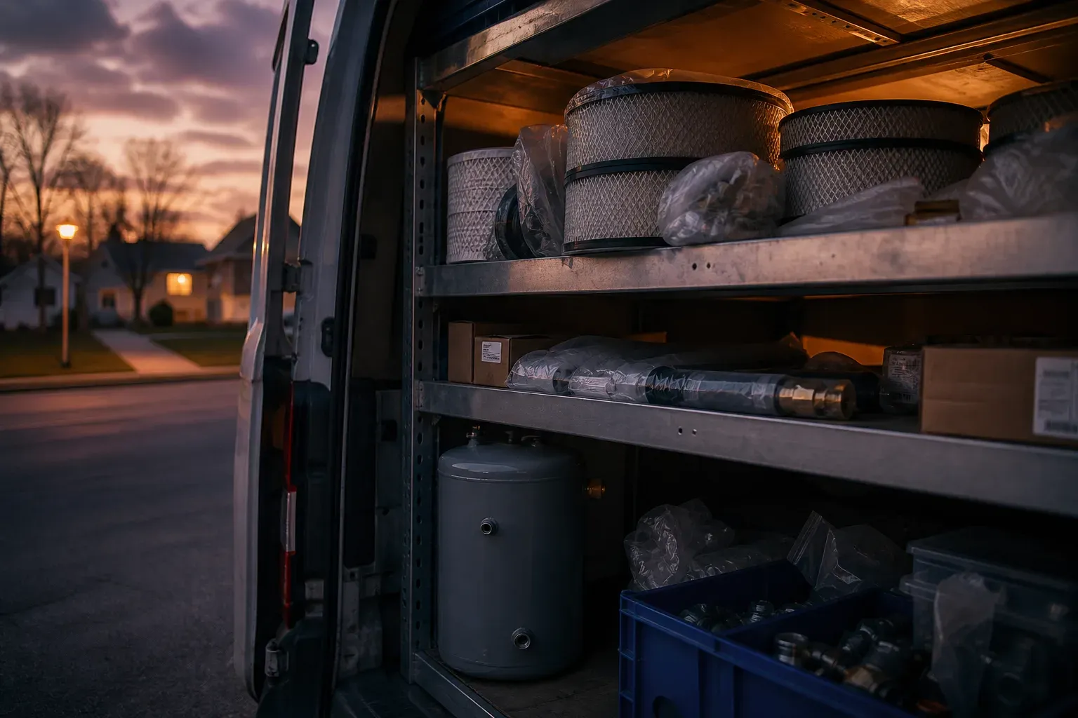 Extra filters and packaged parts on open van shelves