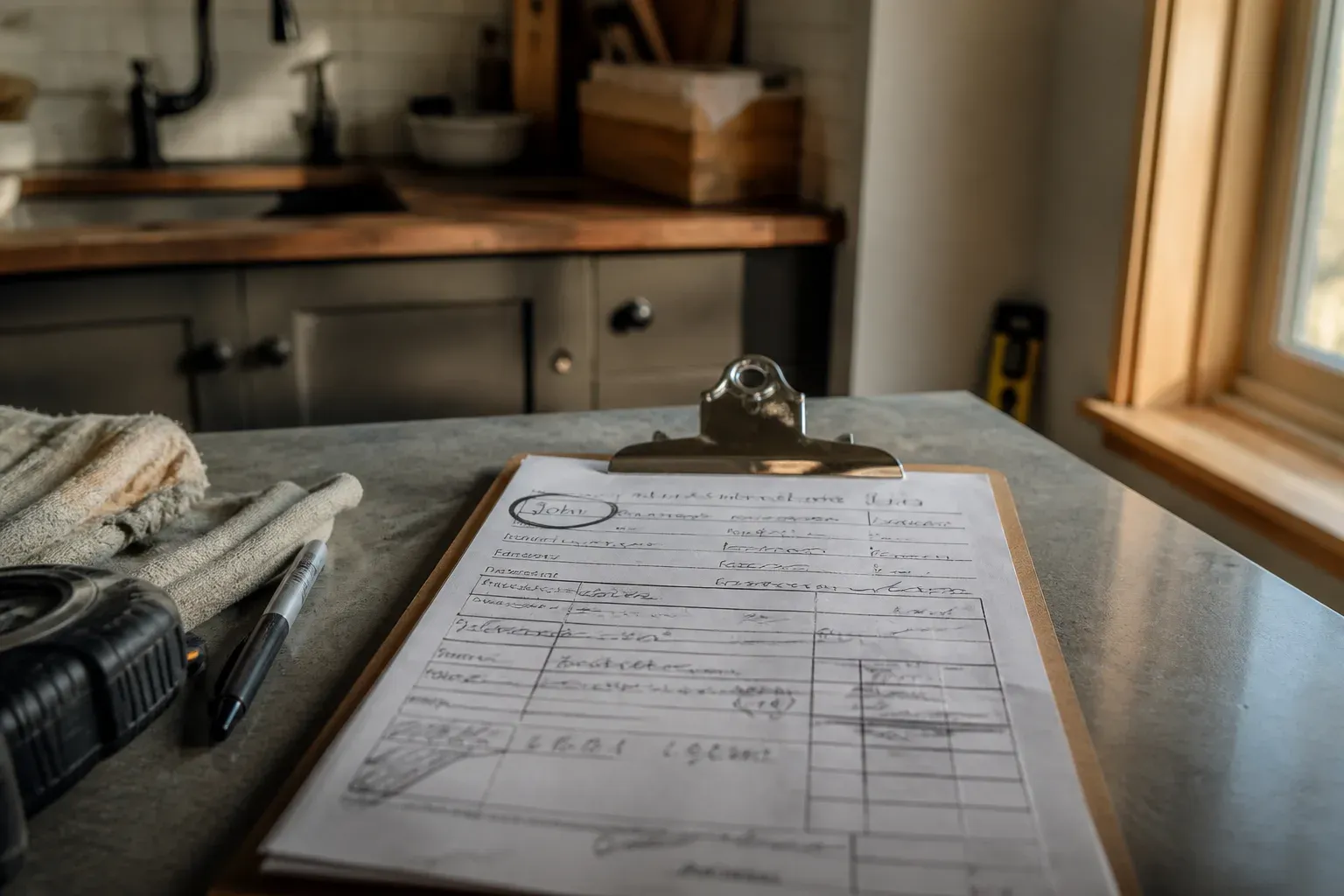 A handwritten work order on a kitchen counter