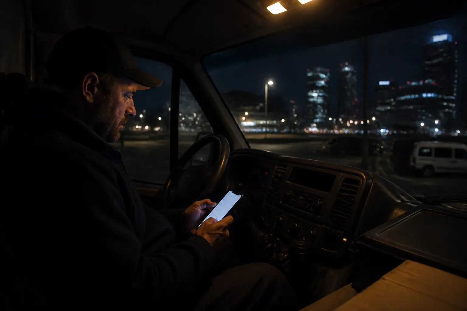 A phone glowing on a service van dashboard at night