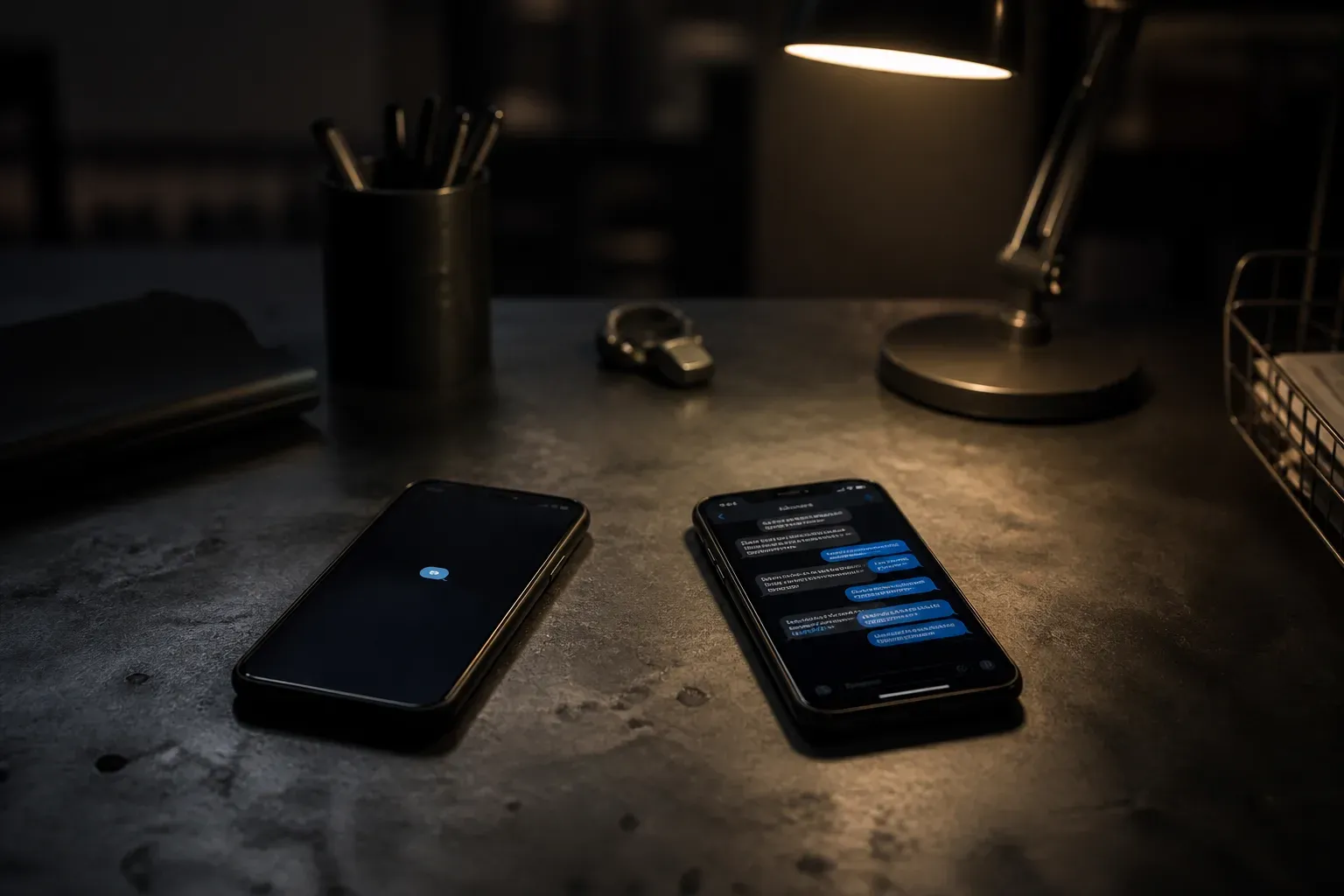 Two phones on a steel desk, one with a single message and one with a long thread