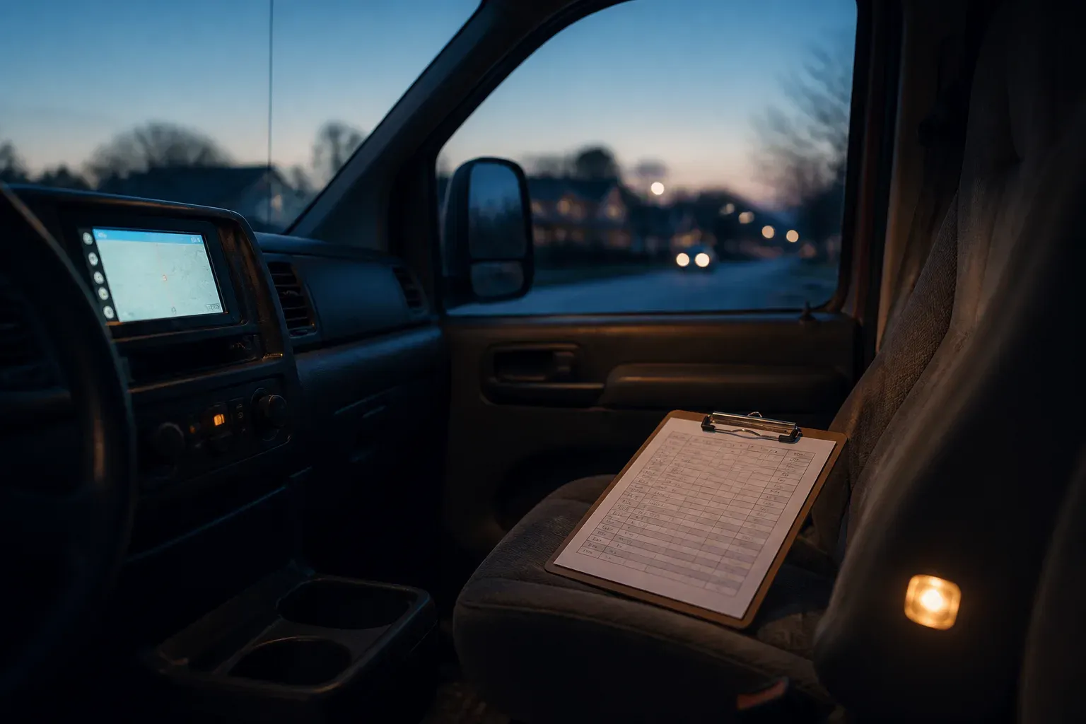 A route clipboard on a van passenger seat at dusk