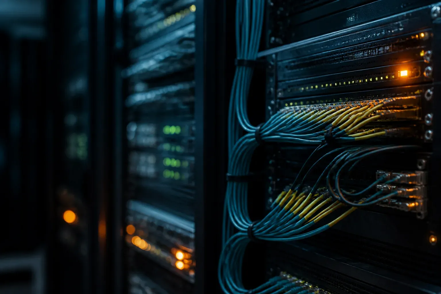 Server racks and fiber cables in a dim machine room