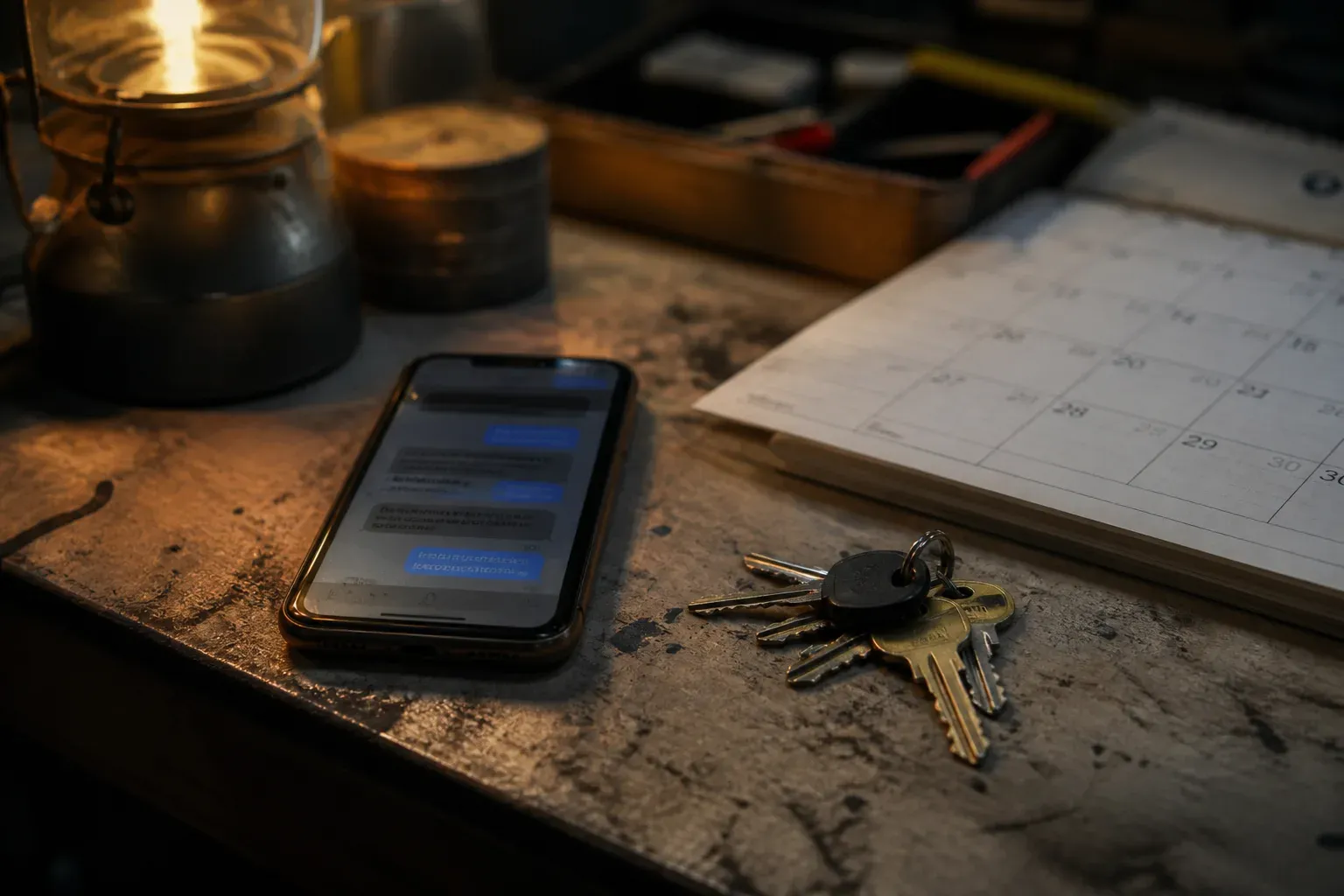 A phone, calendar, and keys on a worn workbench