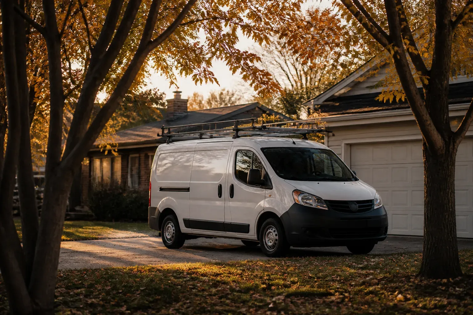 A service van parked again in a suburban driveway at golden hour